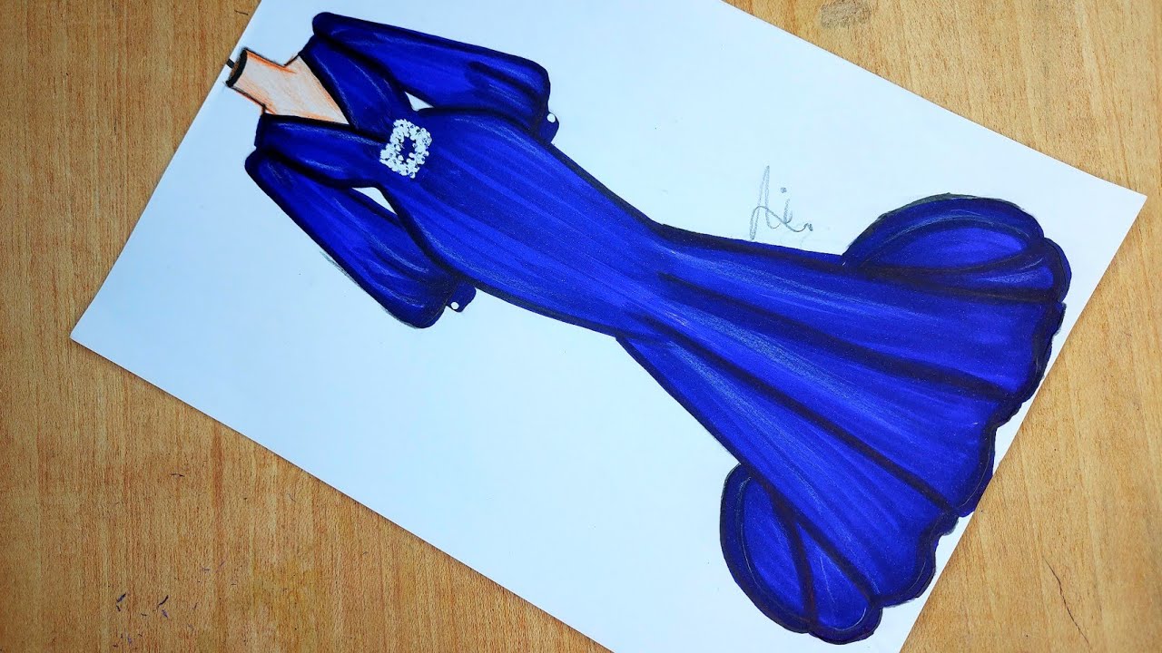 How to draw easy and beautiful dress/🧿/رسم فستان سهرة أزرق سهل جدا/رسم فساتين/رسم أزياء/رسم بنات