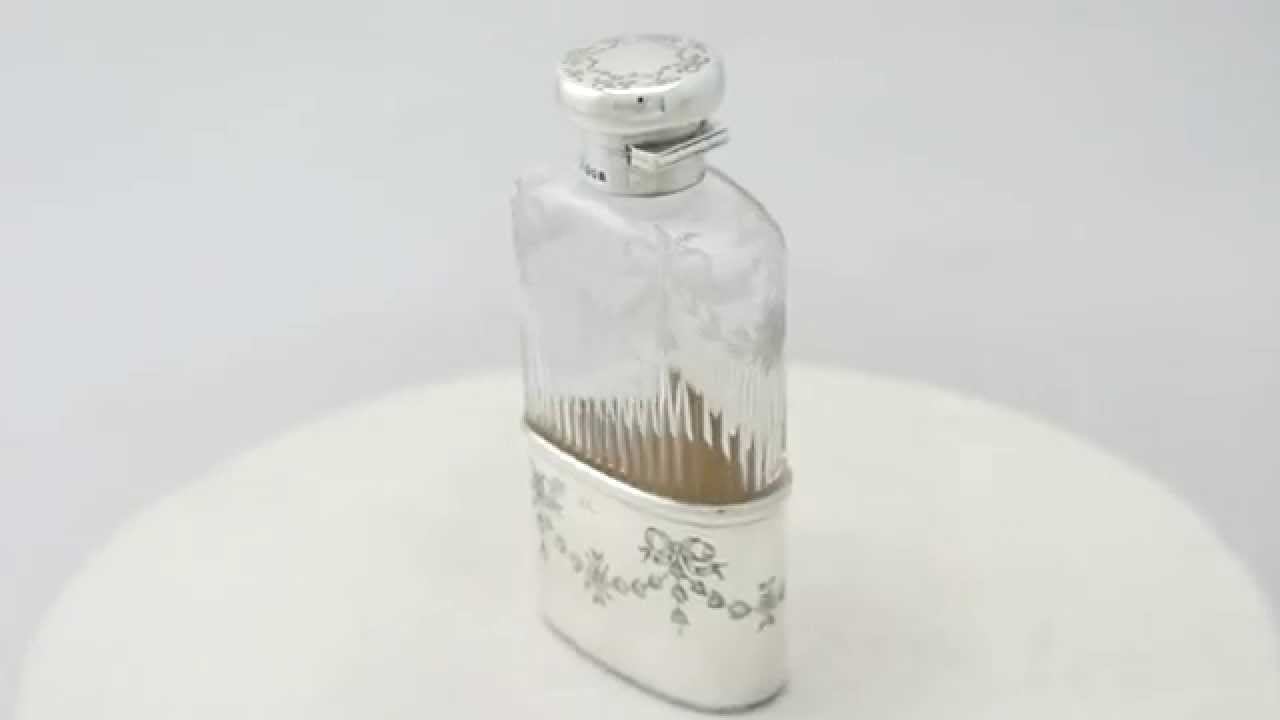 Acid Etched Glass and Sterling Silver Hip Flask - Antique George V - AC Silver (A4089)