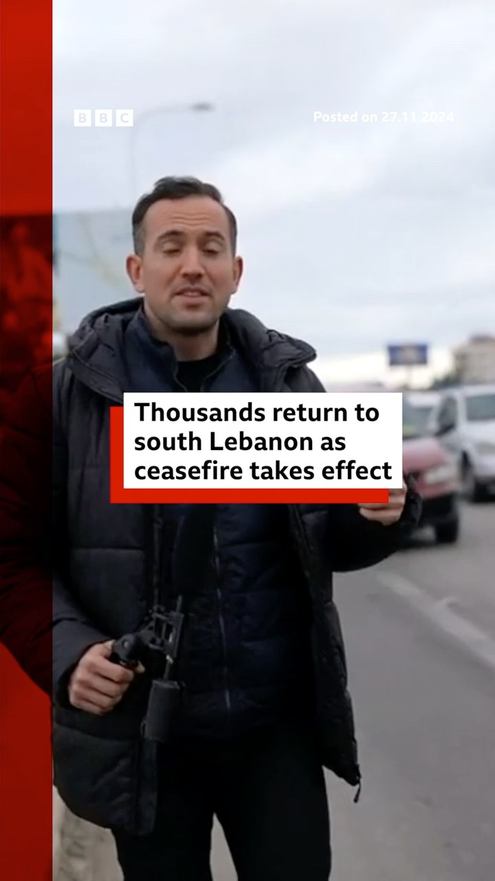 Thousands return to south Lebanon as ceasefire takes effect. #Israel #Lebanon #BBCNews