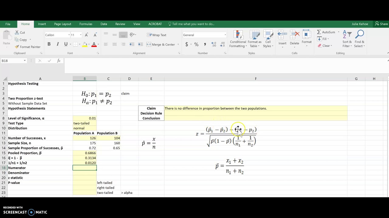 hypothesis testing for proportions in excel