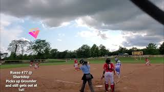 Russo #77 @ SS-Cool Play! Russo Picks up Hard hit ball off 3rd baseman! Still makes play @1st!