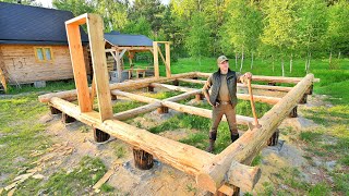 First Row of WALLS for My New Big Log HOME in the Wilderness, DoorFrames, Oak sink, Ep.2