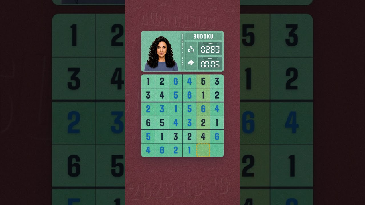 LinkedIn Mini Sudoku #280 solved board for May 18, 2026, 6x6 grid