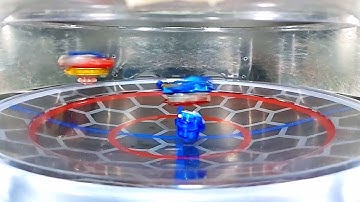 Union Achilles uses Union Buster to burst Slash Valkyrie in Slow Motion ベイブレードバースト