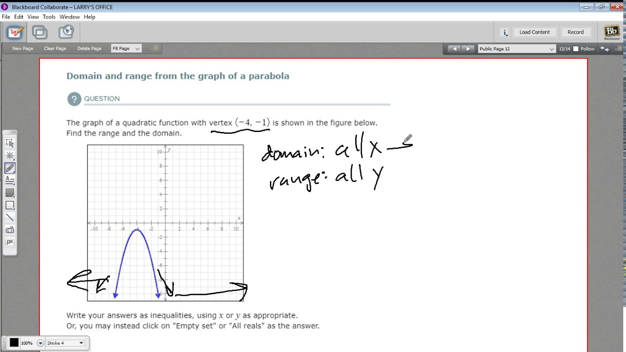 Domain and range from the graph of a parabola youtube