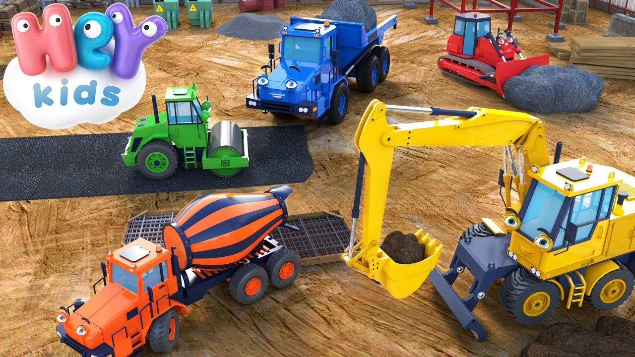 Les engins de chantier dessin anim  Tractopelle bulldozer grue camion  HeyKids   Comptine bb