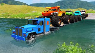 Double Flatbed Trailer Truck Rescue Monster Trucks vs Deep Water - BeamNG.drive 016