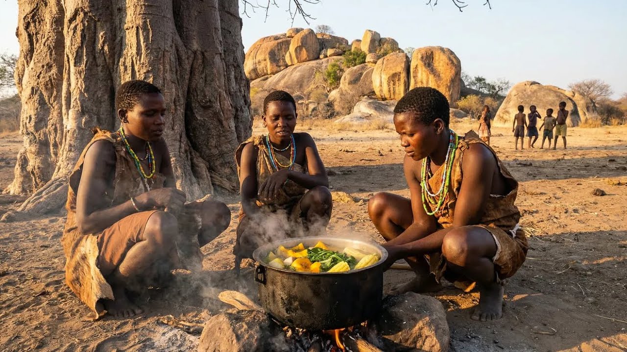 Hadzabe Tribe Cooking Vegetables & Ugali in the Wild | Traditional Bush Life
