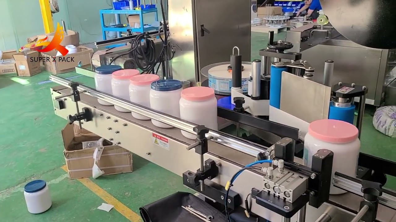 Automatic Plastic Milk Powder Jar Top Side & Body Labeling Machine |  Round Bottle Sticker Labeler