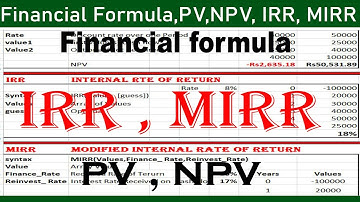 Calculate Financial Formula PV, NPV, IRR and MIRR in Excel by learning Center in Urdu/hindi