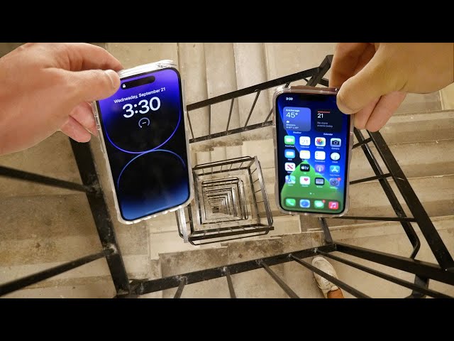 iPhone 14 Pro vs iPhone 13 Spiral Staircase Drop Test - Will it Survive? class=