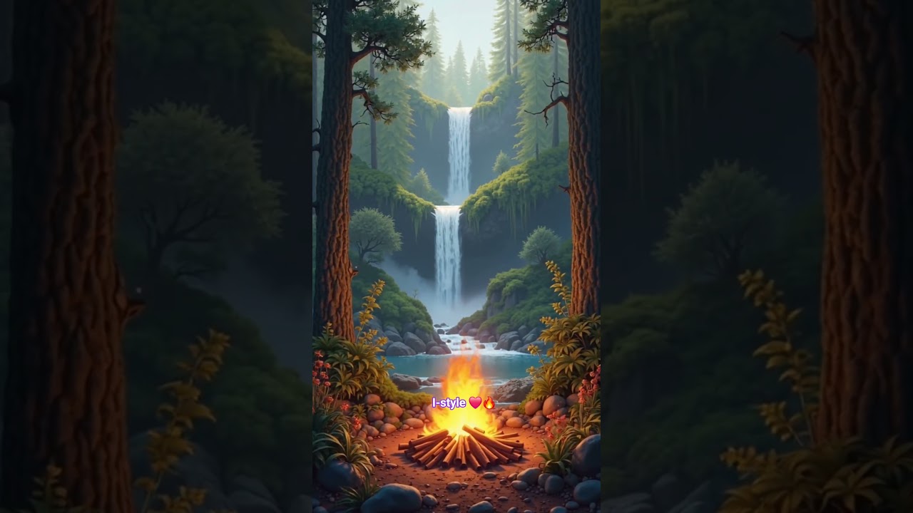 Camping with a campfire near a waterfall 🔥 