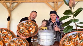 Uzbek national street food Xanum, made from lavash, Mother and son prepared together |YasharBek
