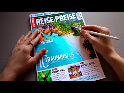 ASMR Reisemagazin "10 Trauminseln" 🌞🏝️🌊 Paper Sounds, Tracing, Brushing, Page Turning 💚  Geflüstert