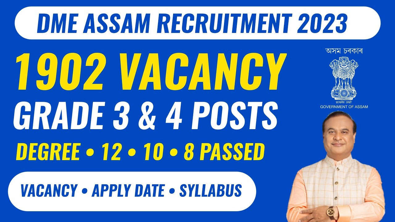 DME Assam Recruitment 2023 | 1902 Grade 3 & 4 Vacancies - Class 12, 10, 8 passed