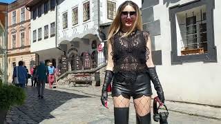 Granate Styling, walking in public, sightseeing CeskyKrumlov, old bohemian town, thigh high boots