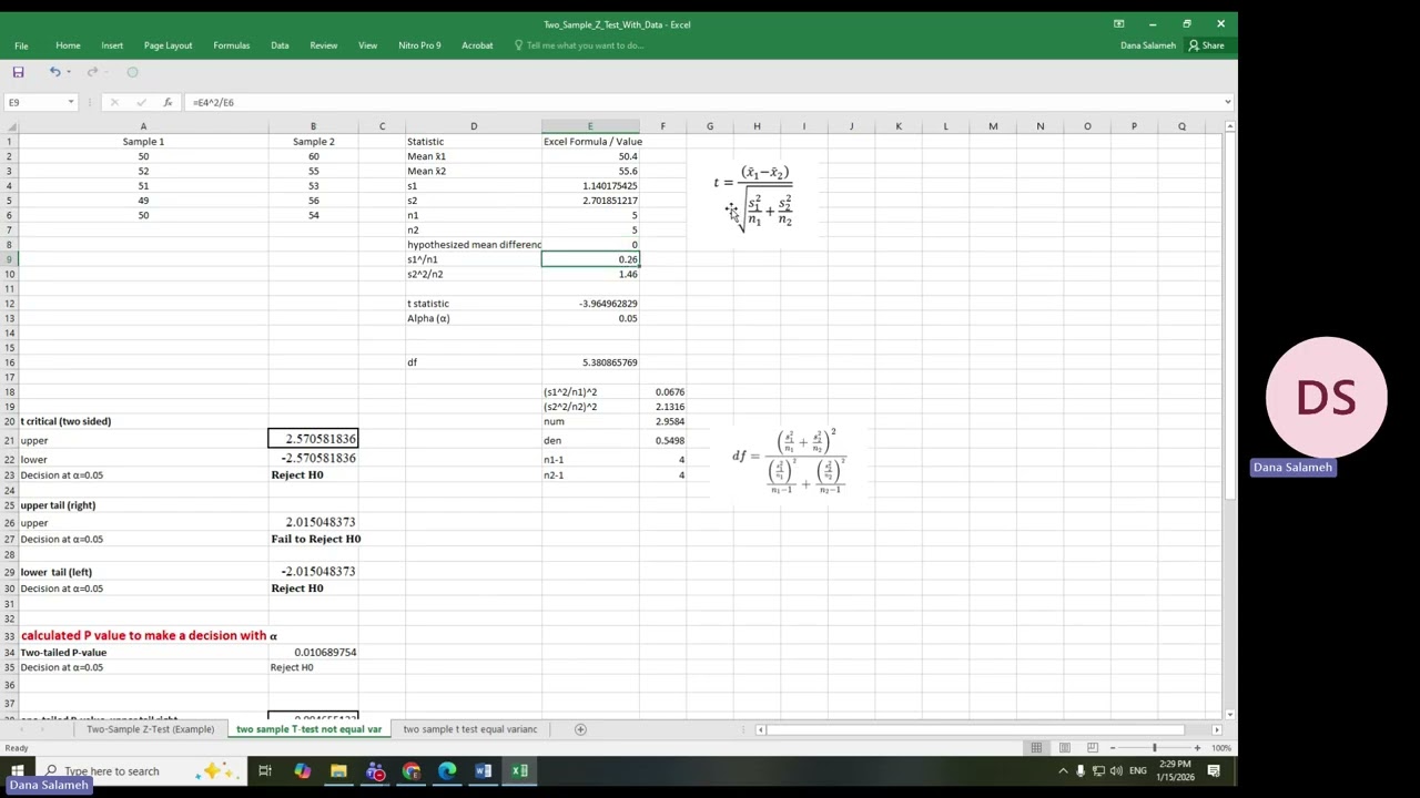 Experiment 9 Test of Hypothesis Test on Two Means Z test & t test 
