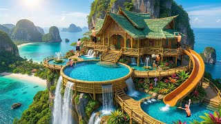 180 días construyendo una impresionante villa acuática de bambú en acantilado marino con cascadas
