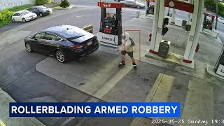 'Give me all the money': Rollerblading robber escapes with cash after threatening gas station worker