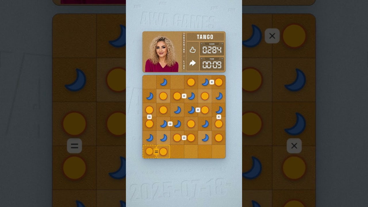 LinkedIn Tango #284 solved board for July 18, 2025, 6x6 grid