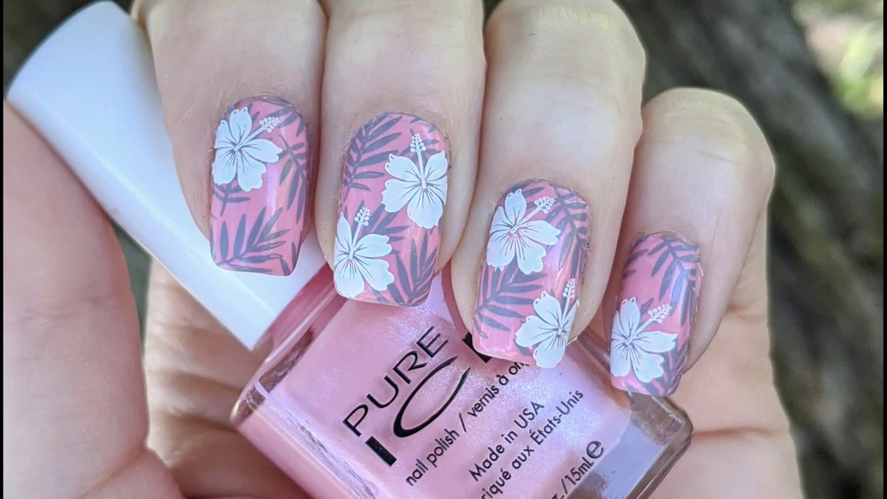 Pink Summer/Vacation/Tropical Nail Art with Nail Stamping YouTube