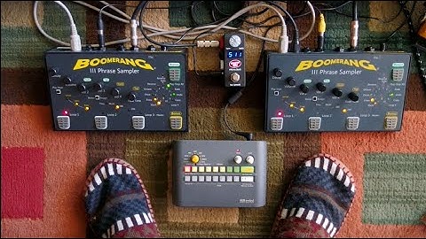 Boomerang III looper. Two units in sync, locked together with MIDI clock for several hours.