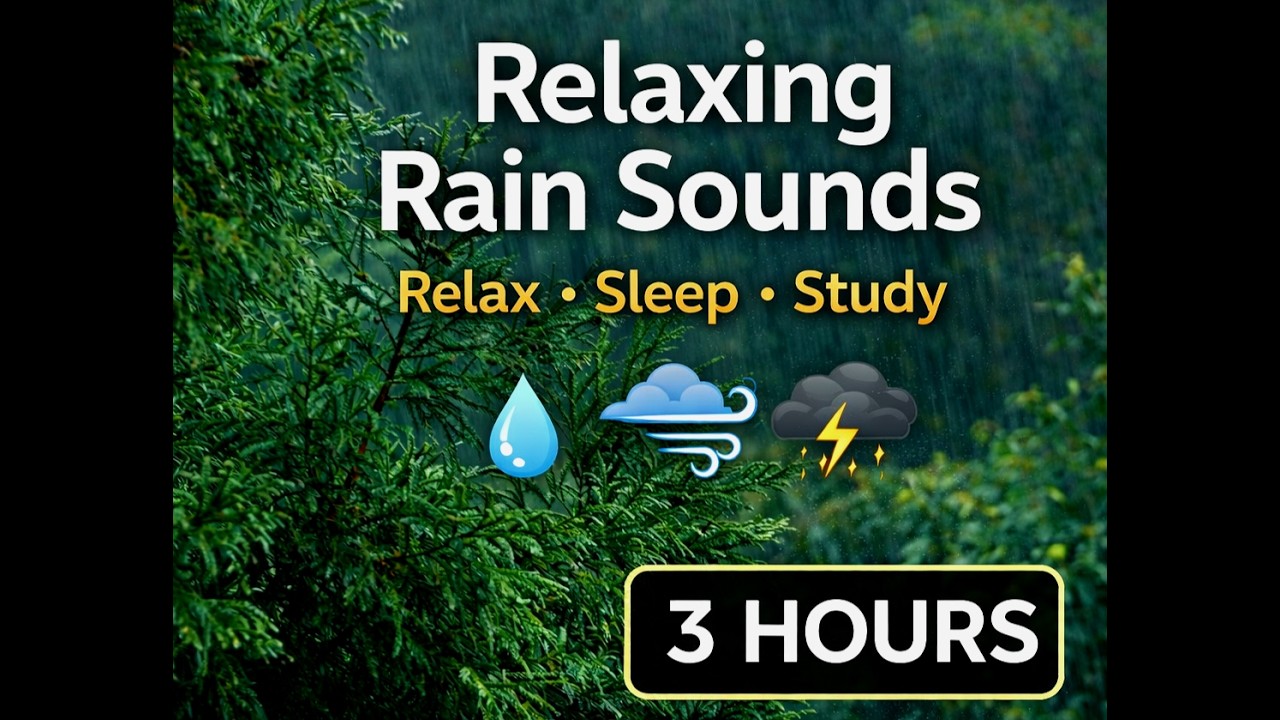 Relaxing Rain Sounds ⛈️ Soft to Heavy Rain, Wind & Distant Thunder (3 Hours)