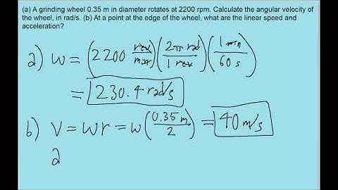 (a) A grinding wheel 0.35 m in diameter rotates at 2200 rpm. Calculate its angular velocity in rad/s