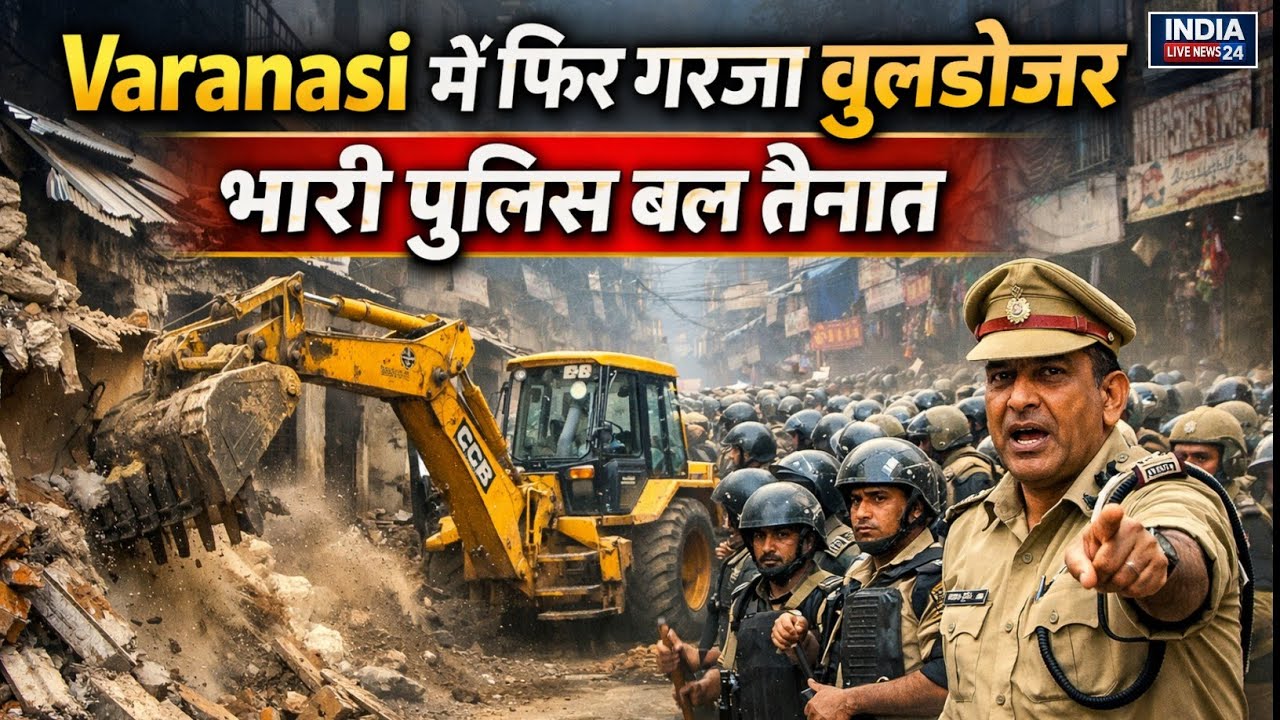 Uttar Pradesh: Varanasi में फिर गरजा बुलडोजर भारी पुलिस बल तैनात | Video वायरल | BulldozerAction  