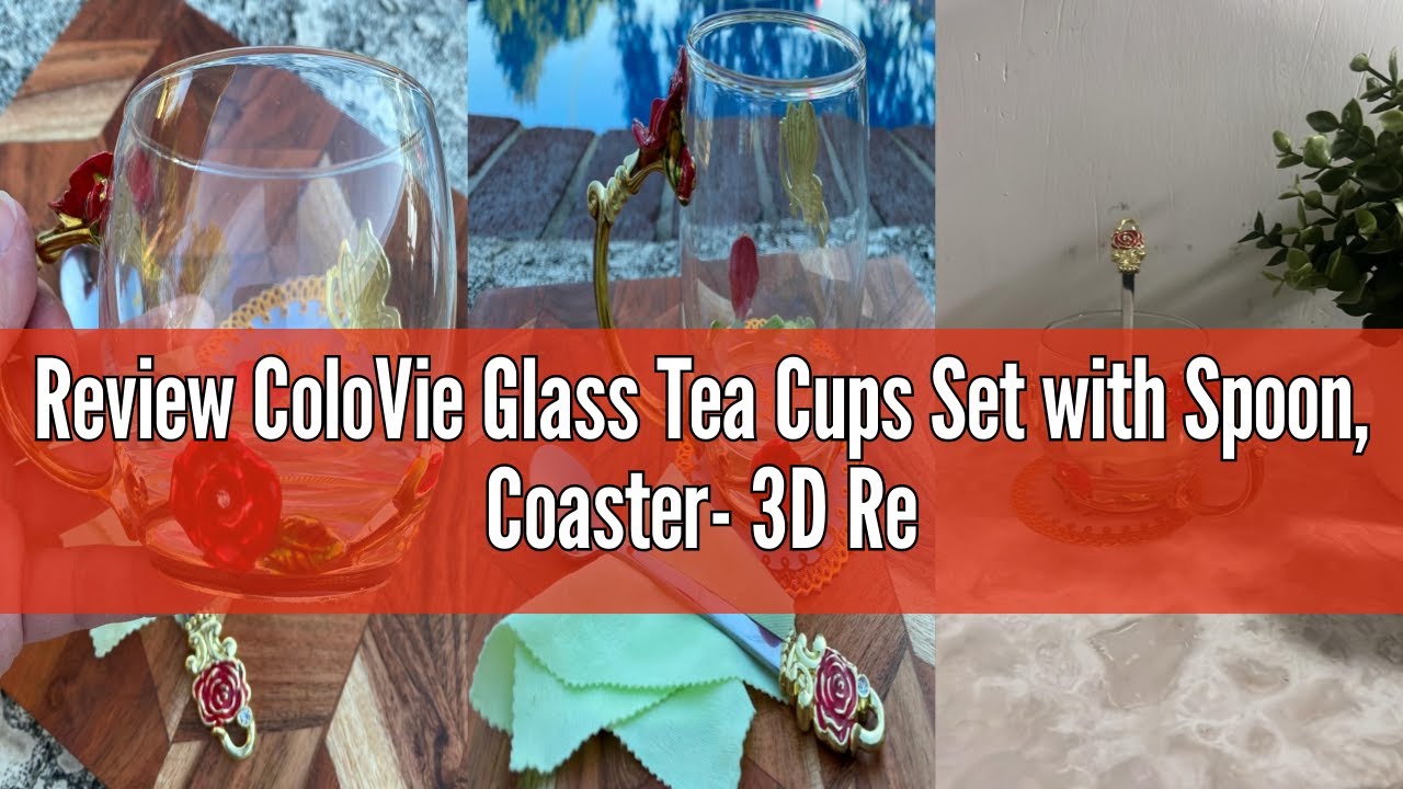 Review ColoVie Glass Tea Cups Set with Spoon, Coaster- 3D Red Flower Butterfly Coffee Mugs- Lead-Fre