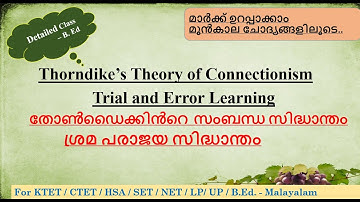 Thorndike’s Theory of Connectionism / Trial and Error Learning - B. Ed - Malayalam
