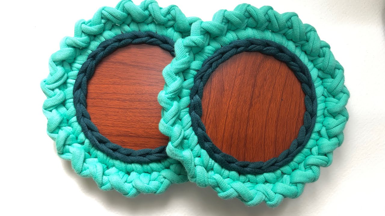 Tshirt yarn coasters with wooden base how to crochet wooden base DIY home decor YouTube
