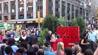 Target mascot bullseye barking in Times Square