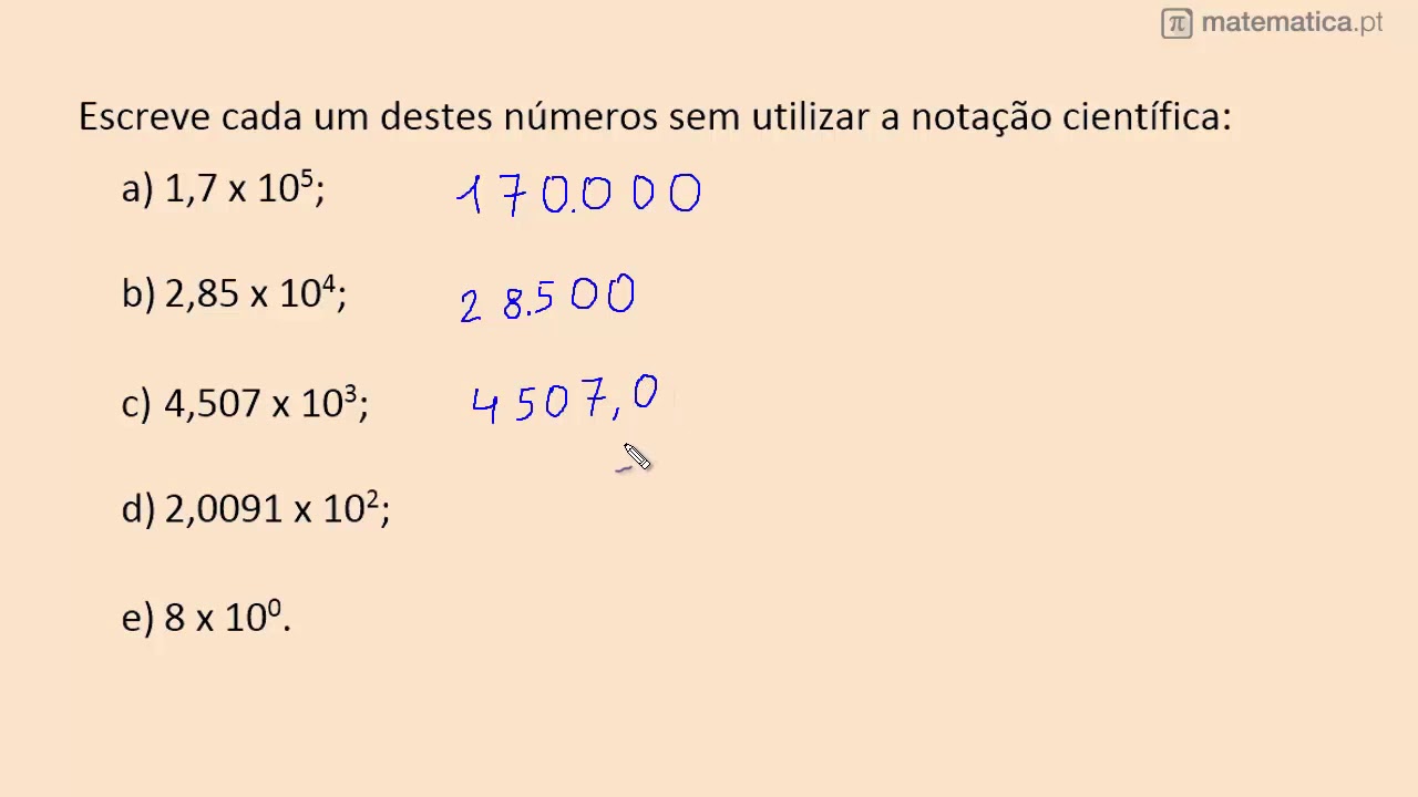 Escreva os números escrito em notação científica abaixo na forma decimal.  Exemplo: ​ 
