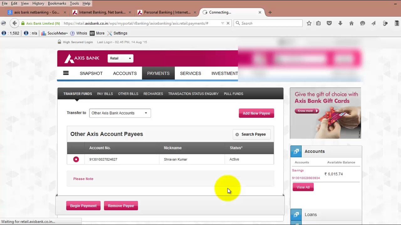 Axis Bank internet banking 2019-Adding payee name Part1 ...