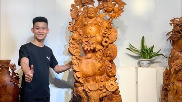 Di Lăc Đứng Vác Đào Gỗ Hương Ta - TƯỢNG GỖ XƯỞNG NGUYỄN HỒNG 0987336318