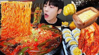 ASMR MUKBANG SPICY FIRE NOODLES (mushroom, bell pepper) & FRIED EGG & CHEESE SPAM & Kimchi RECIPE !