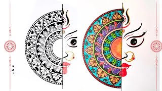 Mandala art Maa durga face drawing | Unique fusion art tutorial for beginners | Colorful Mandala art