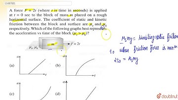 A force `F=2t` is spplied at `t=0` sec to the block of mass m placed on a rough horizontal surface.