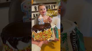 Baby boy goes in to blow out birthday candles then falls forward out of high chair