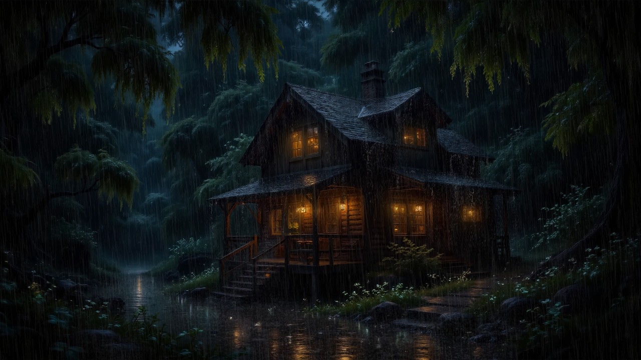 Night Forest Cabin in Heavy Rain • Thunder Sounds • Stress Relief & Deep Rest