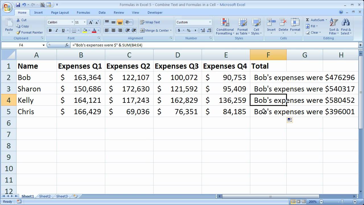 Functions/Formulas in Excel 14 - Combine Text and Formulas in a Cell