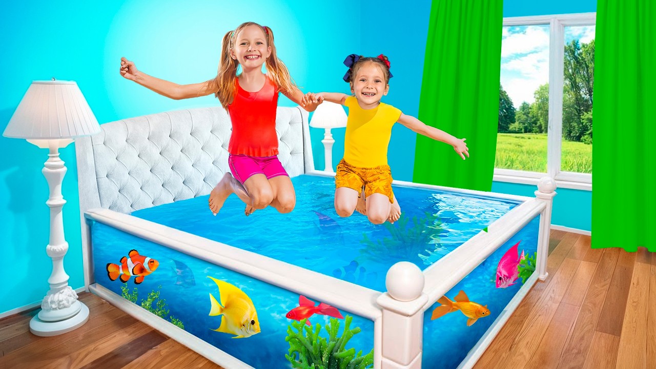 Funny Pool Story and Water Slides Adventure with Maya and Mary - YouTube