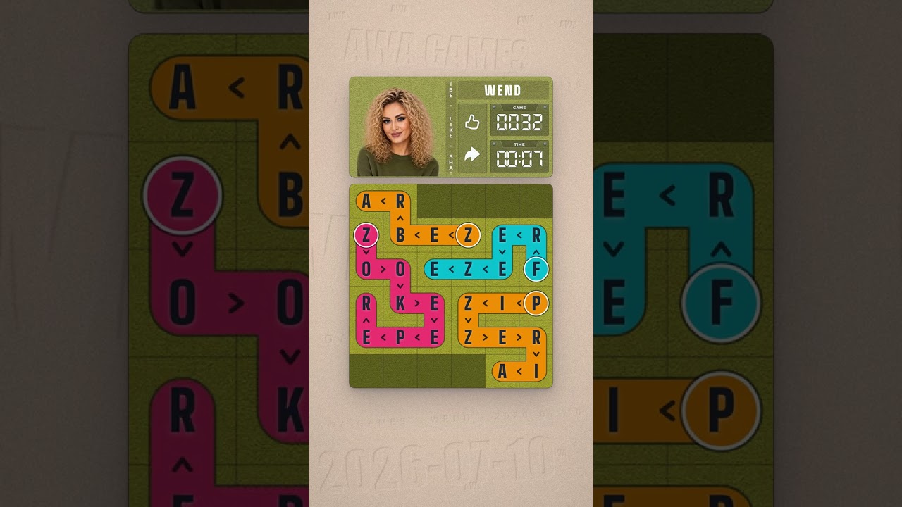 LinkedIn Wend #32 solved board for July 10, 2026, 6x6 grid