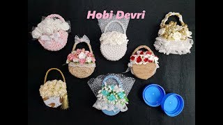 DIY,Making Flower Basket With Plastic Bottles Cap,Wedding Favors,Baby Shower, Kapaklardan Sepet