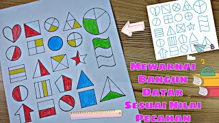 Mewarnai Pecahan 1/2, 1/3 dan 1/4 Bagian Dari Gambar Bangun Datar Matematika Kelas 2 SD Tema 7