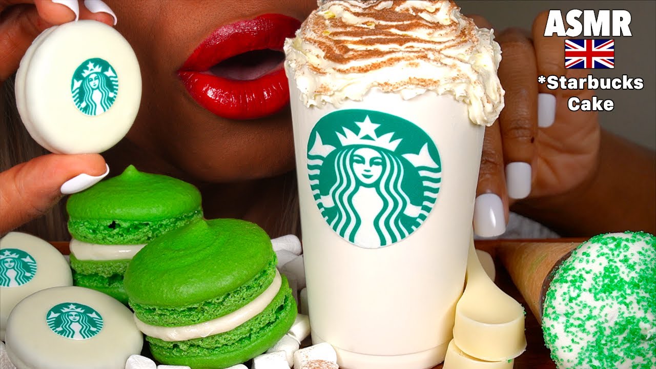 ASMR Eating EDIBLE Starbucks Cup Coffee Cake, Edible spoon ice cream, macarons, Oreo, mukbang먹방 asmr