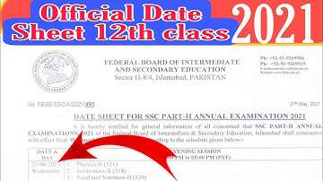 12th Official Date Sheet 2021| HSSC FBISE Date Sheet 2021| Inter Date Sheet 2021| Annual Exam 2021