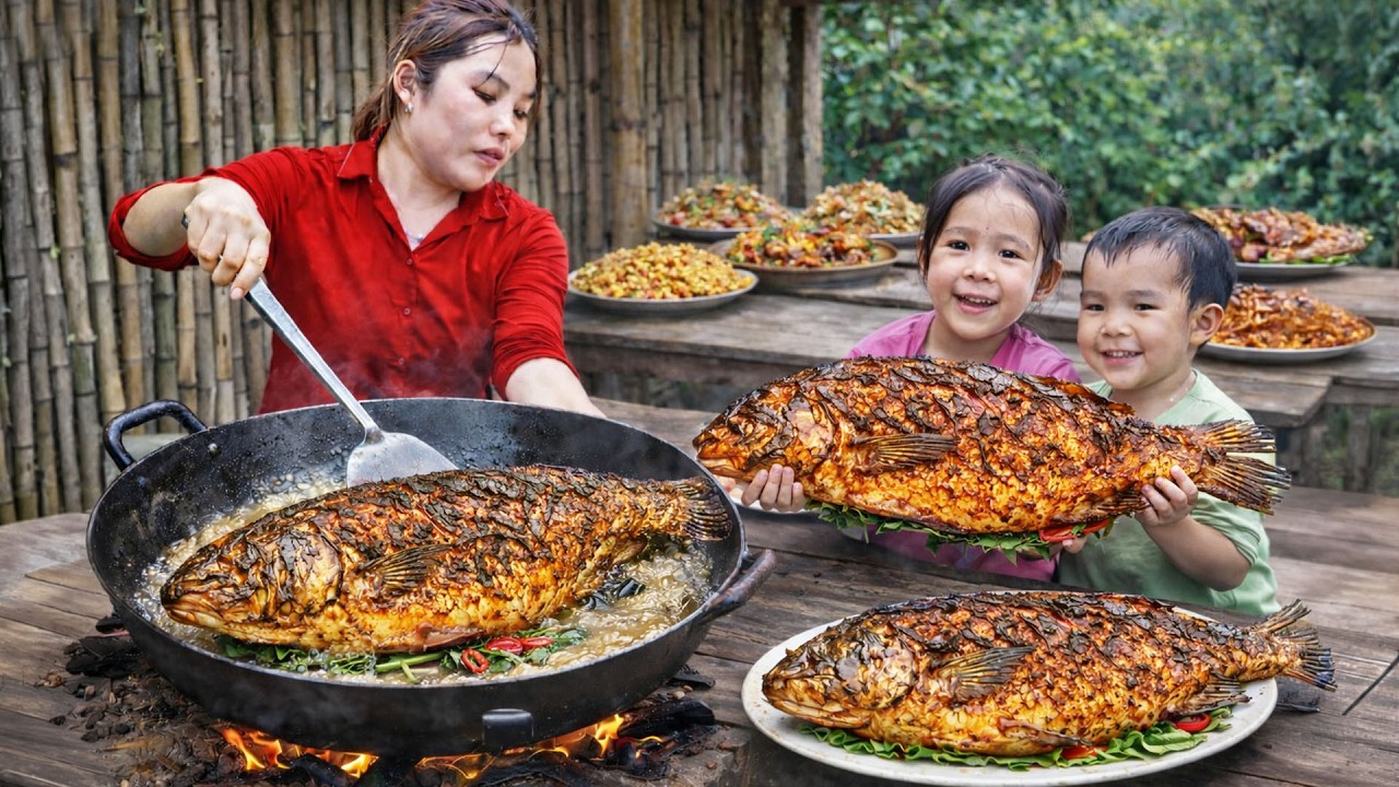 99-Day And Night Fishing Journey – Trapping Giant Fish To Sell - Cooking Grilled Fish With My Child