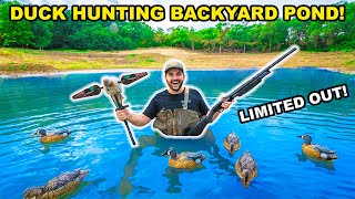 DUCK HUNTING My BACKYARD POND!!! (Limited Out)  Catch Clean Cook